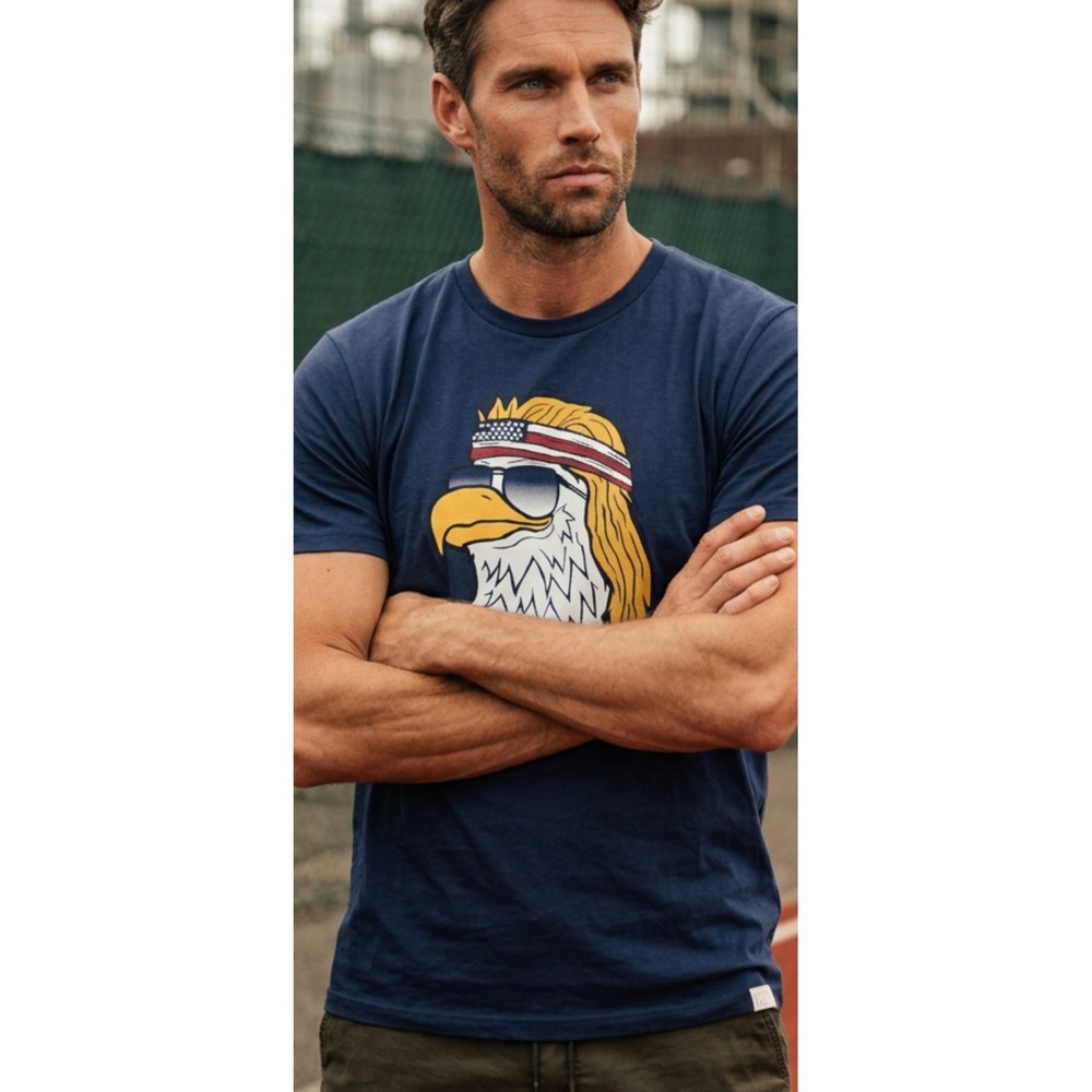 Rowdy Gentleman Mens Navy Blue Bald Eagle Mullet Graphic T-Shirt USA Flag Medium